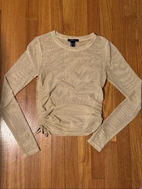 Forever 21 Cream Ruched Sheer Long-Sleeve Top